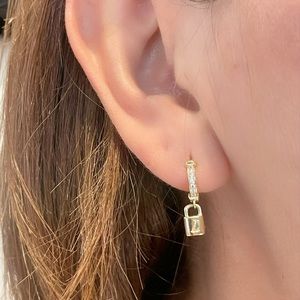 14k Yellow Gold Huggie Earrings with dangle Lock
